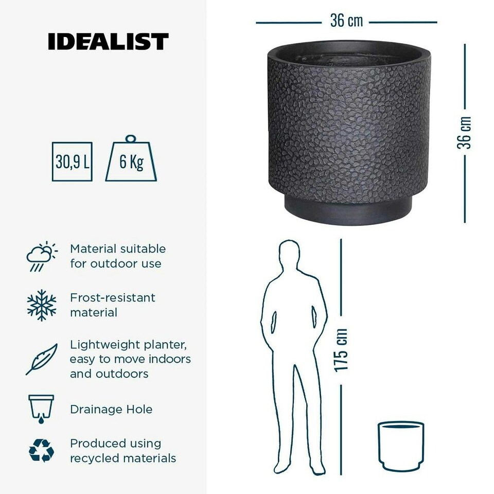 image 1 of Hammered Stone Black Cylinder Planter, Outdoor Plant Pot D36 H36 cm, 30.9 ltrs Cap.