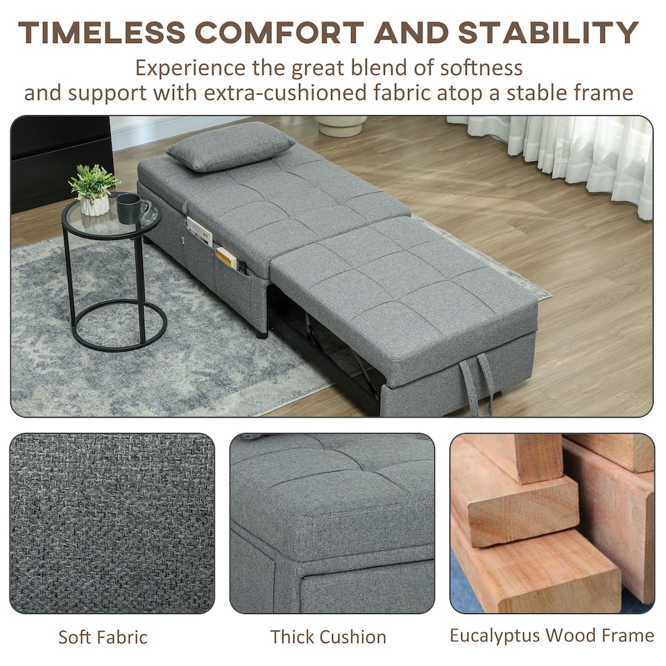 image 1 of HOMCOM 4-in-1 Sofa Bed, Convertible Sleeper Chair Bed with Adjustable Backrest, Fabric Pull Out Chaise Lounge with Pockets for Living Room, Bedroom, Home Office, Small Space, Light Grey | Grey | Light Grey