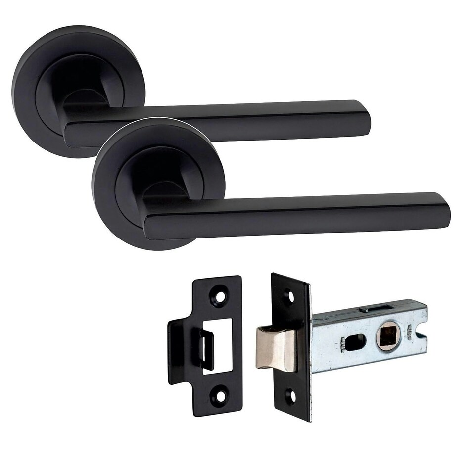 image 1 of Golden Grace 1 Pair Leon Design Door Handles on Round Rose in Matt Black Finish with 2.5" Tubular Latch - 52mm Diameter | Black | 1 Pair