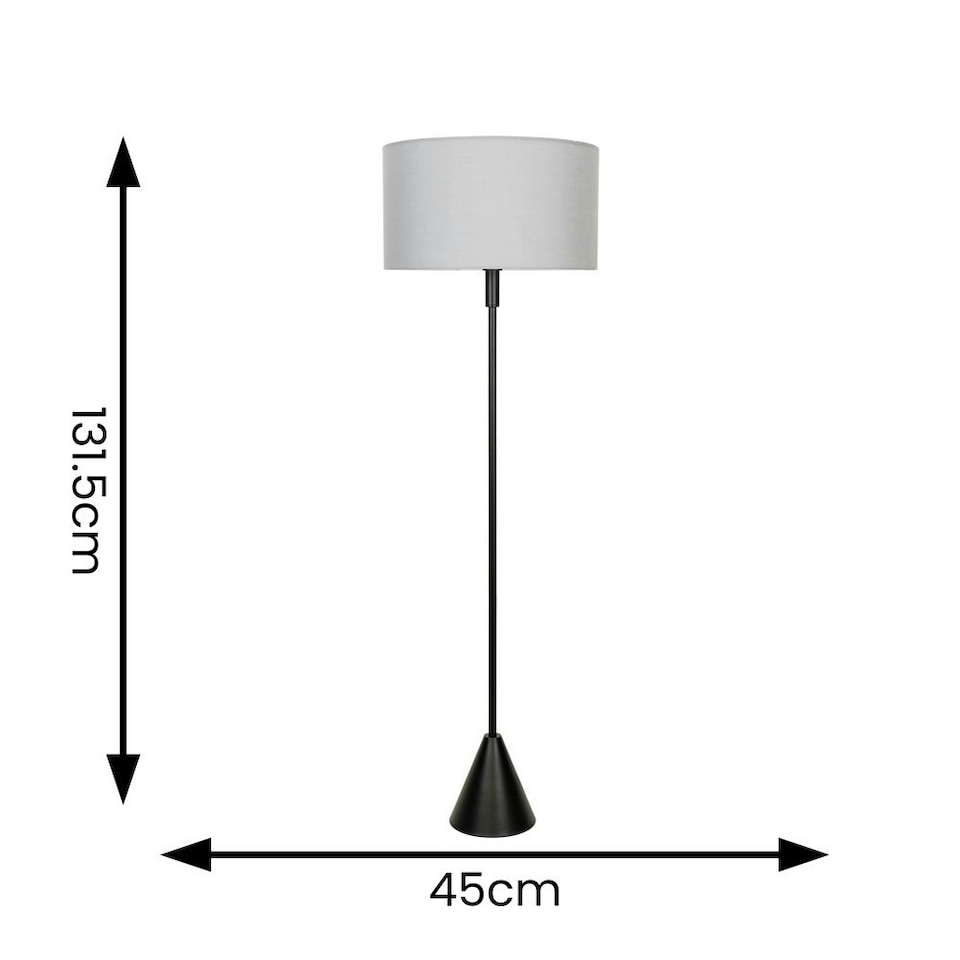 image 1 of ValueLights Mitch Grey Fabric Drum Lamp Shade Black Wood Single Stem Triangle Floor Lamp Black