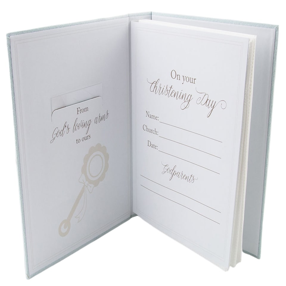 image 1 of White Faux-Silk Bow and Silver Plated Cross Christening Photo Album in Blue