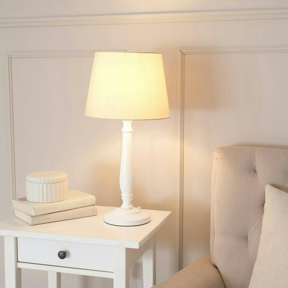 image 1 of ValueLights Victoria White Wood Traditional Stem Table Lamp with Beige Fabric Tapered Shade and LED Bulb Cream