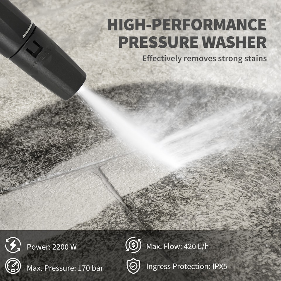 image 1 of Outsunny 2200W Power Washer 170 Bar Pressure with Adjustable Nozzle | Blue | Blue | 32W x 32D x 80H cm