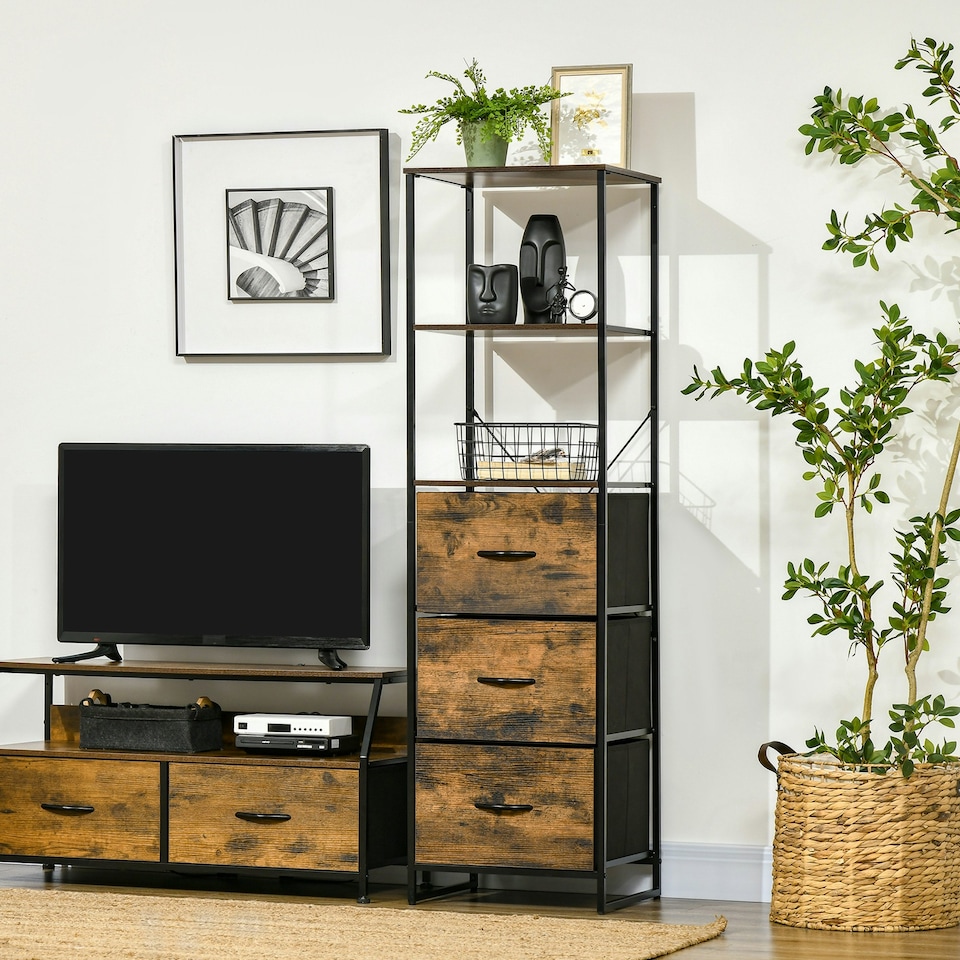 image 1 of HOMCOM Industrial Storage Cabinet with 2 Shelves 3 Fabric Drawers Rustic Brown
