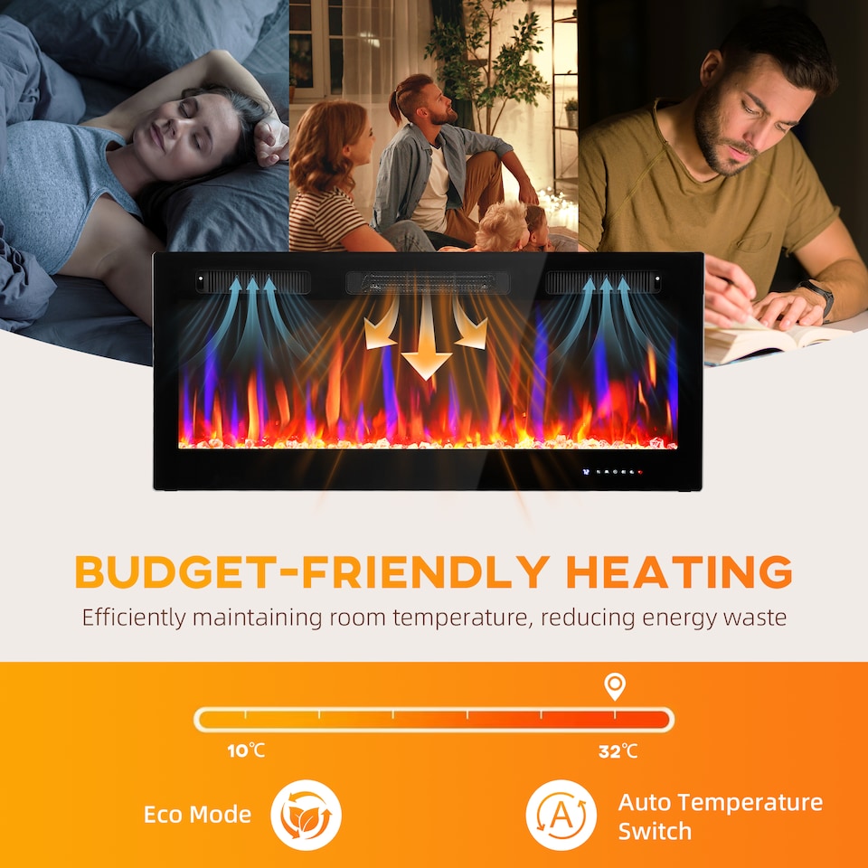 image 1 of HOMCOM 107cm/42" Electric Fireplace, Ultra-Slim Wall Mounted and Recessed Electric Fire Heater with Adjustable Flame and Thermostat, Eco Mode, Auto Switch, Weekly and 24H Timer, Remote, 900W/1800W