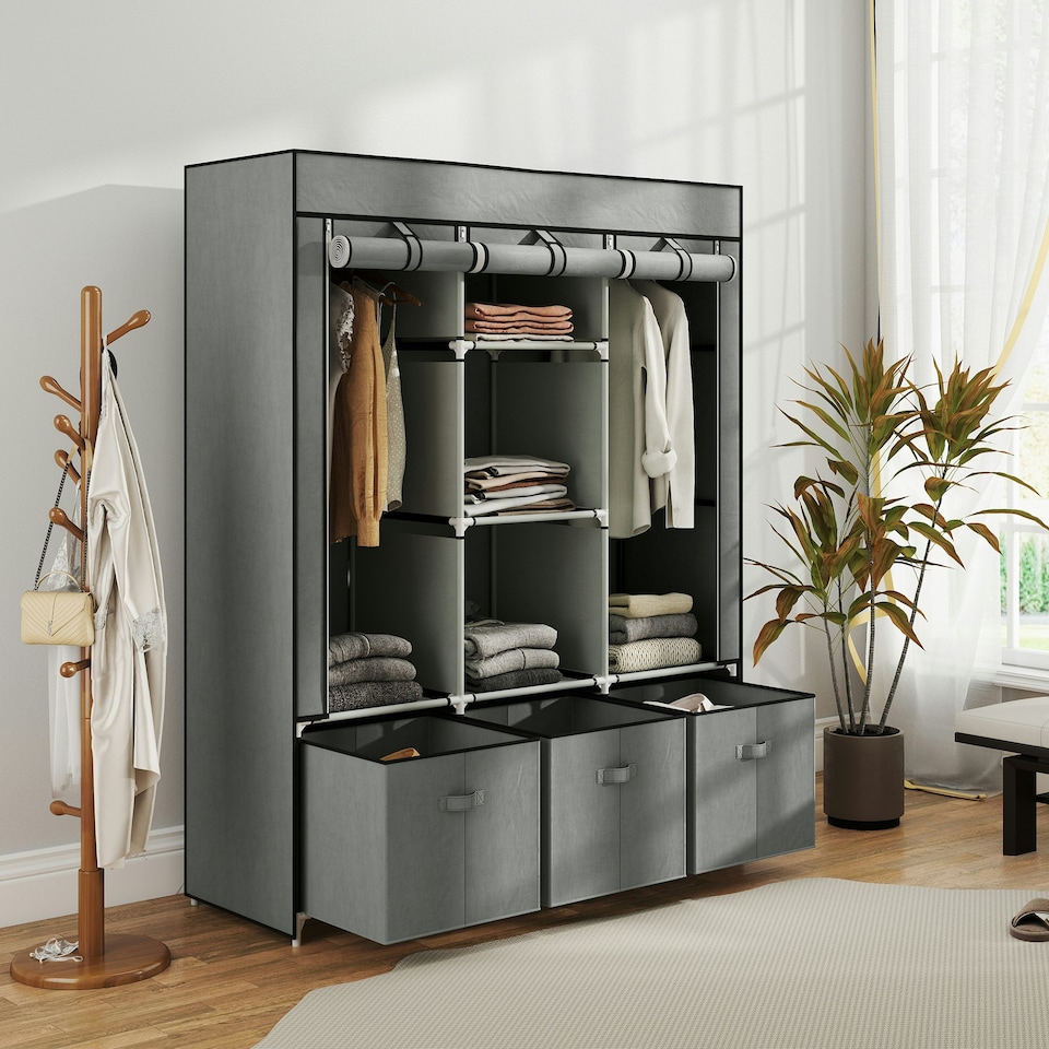image 1 of HOMCOM Portable Wardrobe w/ 5 Shelves 3 Fabric Drawers and 2 Hanging Rails | Grey | 125W x 43D x 162.5H cm