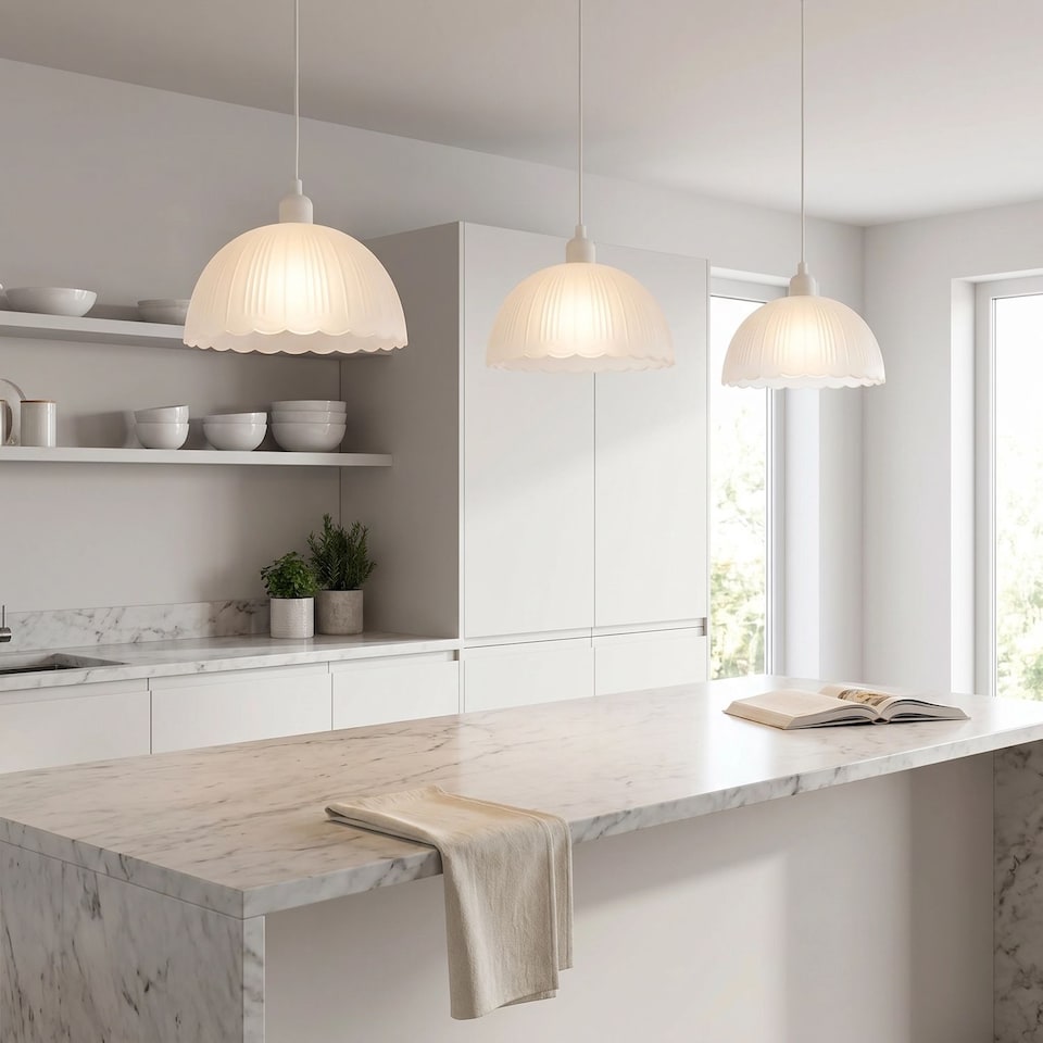 image 1 of Classic Frosted White Pendant Shade with Fluted Edge and Etched Lines | White | White | 1