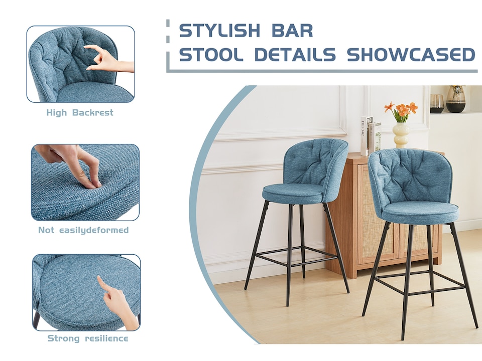 image 1 of SONARA Set of 2 Blended Woven Fabric Counter Height Bar Stools with Backrest | Blue