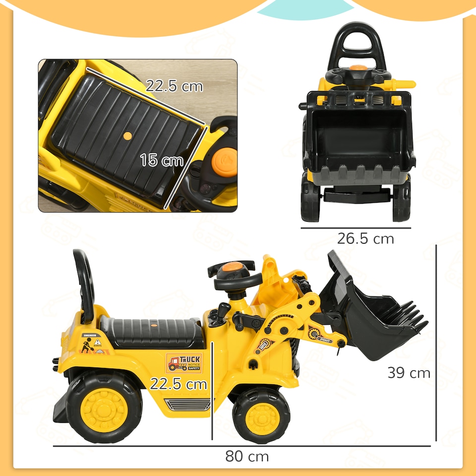 image 1 of HOMCOM NO POWER 3 in 1 Ride On Toy Bulldozer Toddler Digger Excavator Scooter Storage Cart Toilet Pretend Play Construction Truck