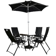 Outdoor 4 Person Round Glass Top Garden Patio Dining Table Chairs Black Parasol and Base Set