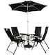 image 1 of Outdoor 4 Person Round Glass Top Garden Patio Dining Table Chairs Black Parasol and Base Set