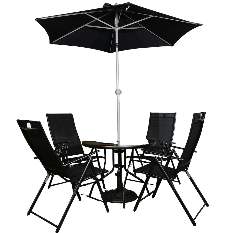 image 1 of Outdoor 4 Person Round Glass Top Garden Patio Dining Table Chairs Black Parasol and Base Set