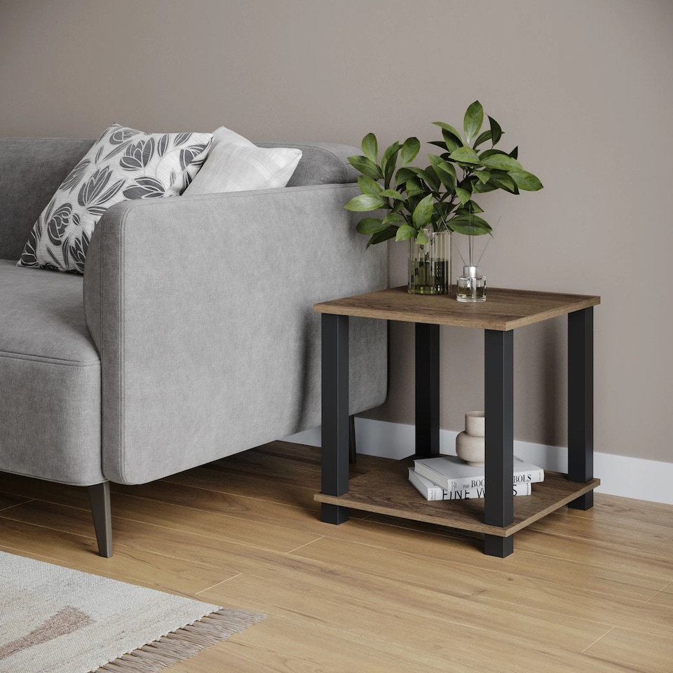 image 1 of Sandra 2 Tier S-Tube End Table Small Wood Bedside Nightstand With Storage Shelf | Multi | Dark Oak wth Black Legs