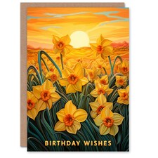 Wishes Daffodil Flower Field Sunset For Her Birthday Card