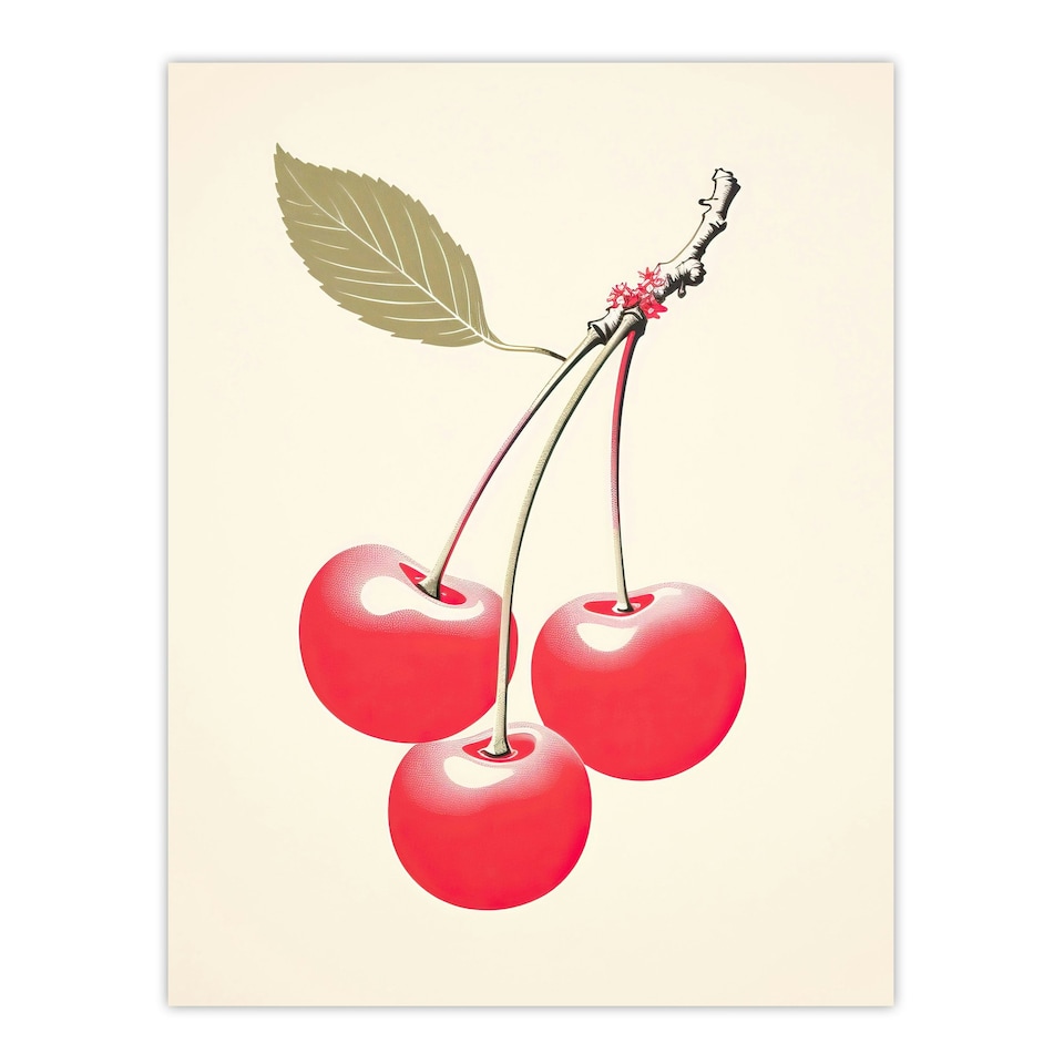 image 1 of Red Smudge Cherries On Stem Leaf Bright Pink Kitchen Black Framed Wall Art Print A4