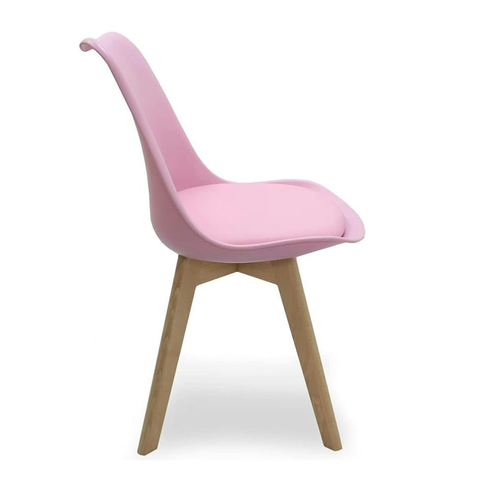 image 1 of 5PCs Dining Set - a White Round Dining Table & Set of 4 White Lorenzo Tulip chairs with Padded Seat | Pink