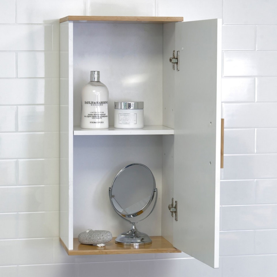 image 1 of Showerdrape Nola Matt White & Bamboo Single Wall Bathroom Cabinet | White | 1