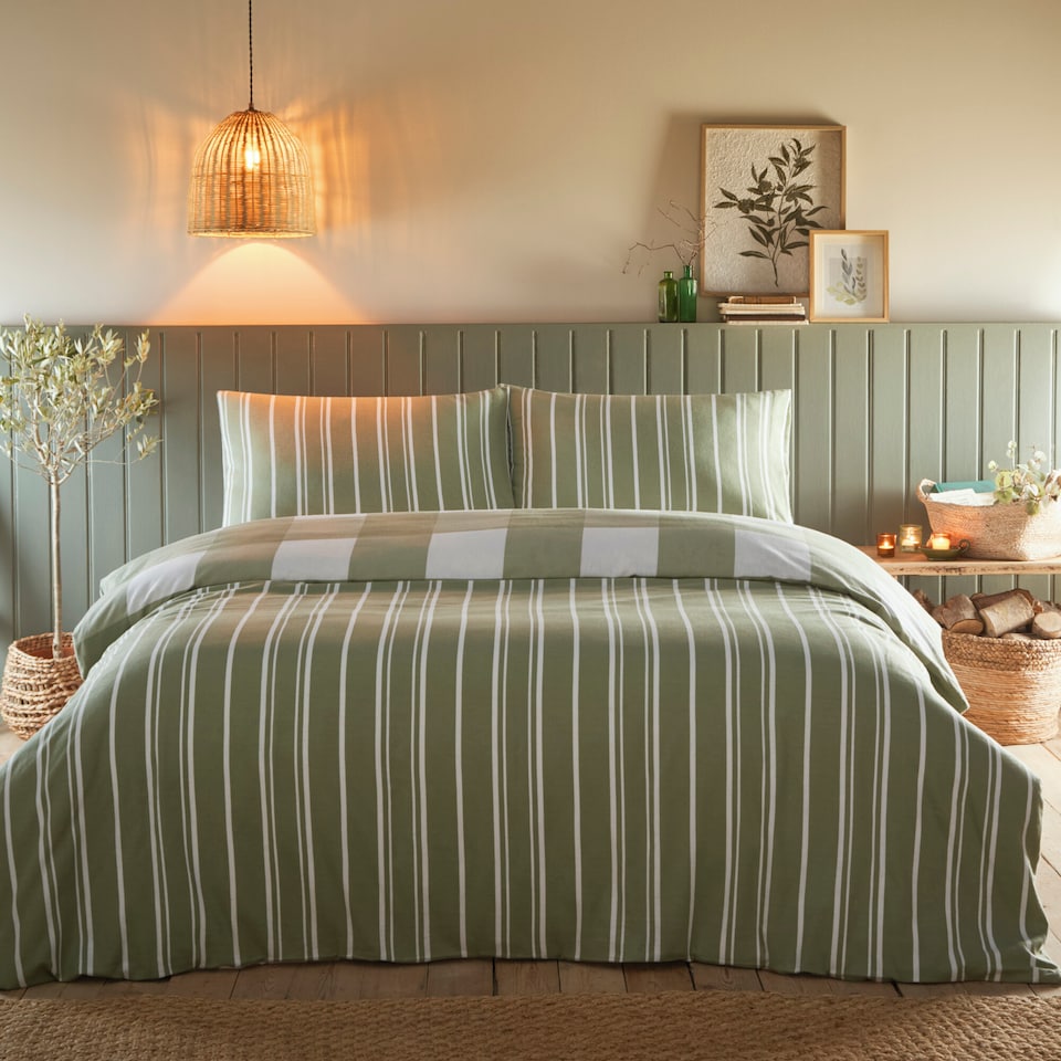 image 1 of Glenmore Check Brushed Cotton Striped Reversible Duvet Cover Set With Pillow Cases | Green | King