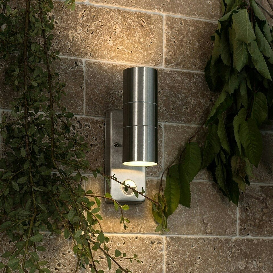image 1 of ValueLights Pair Of Silver Up Down Outdoor PIR Motion Sensor Outdoor Wall Lights