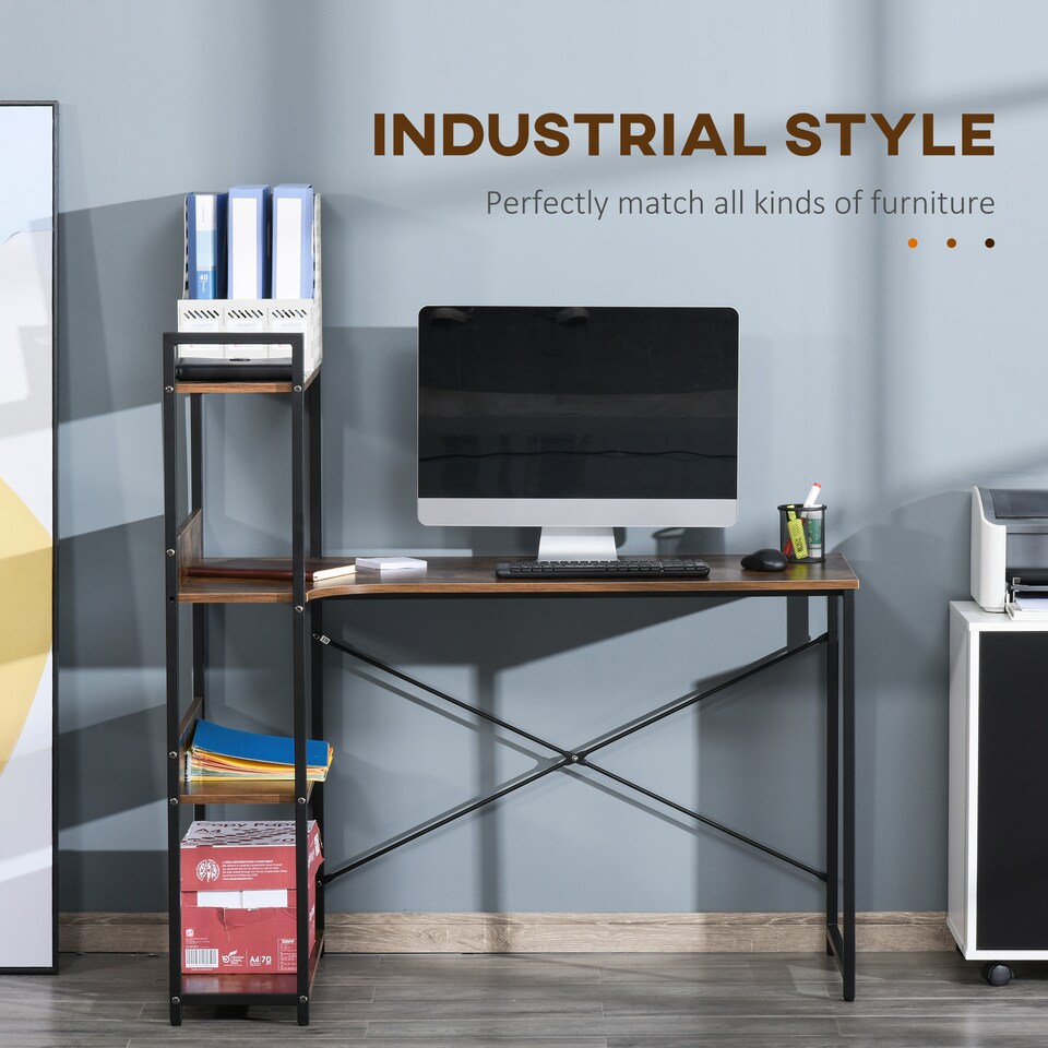 image 1 of HOMCOM Office Desk with Storage Shelves, 120 CM Computer Desk, Industrial Study Table with Metal Frame for Home Office Small Space, Rustic Brown