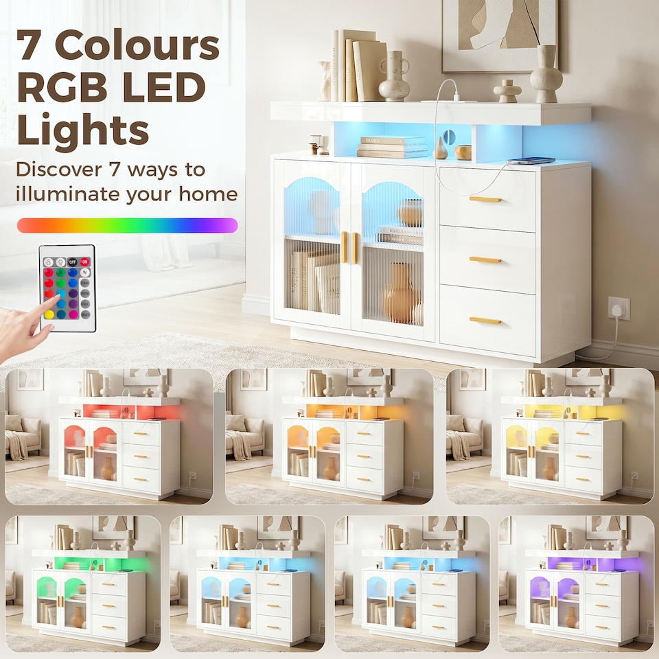 image 1 of HOMCOM High Gloss Sideboard with LED Lights, Power Outlets, Drawers