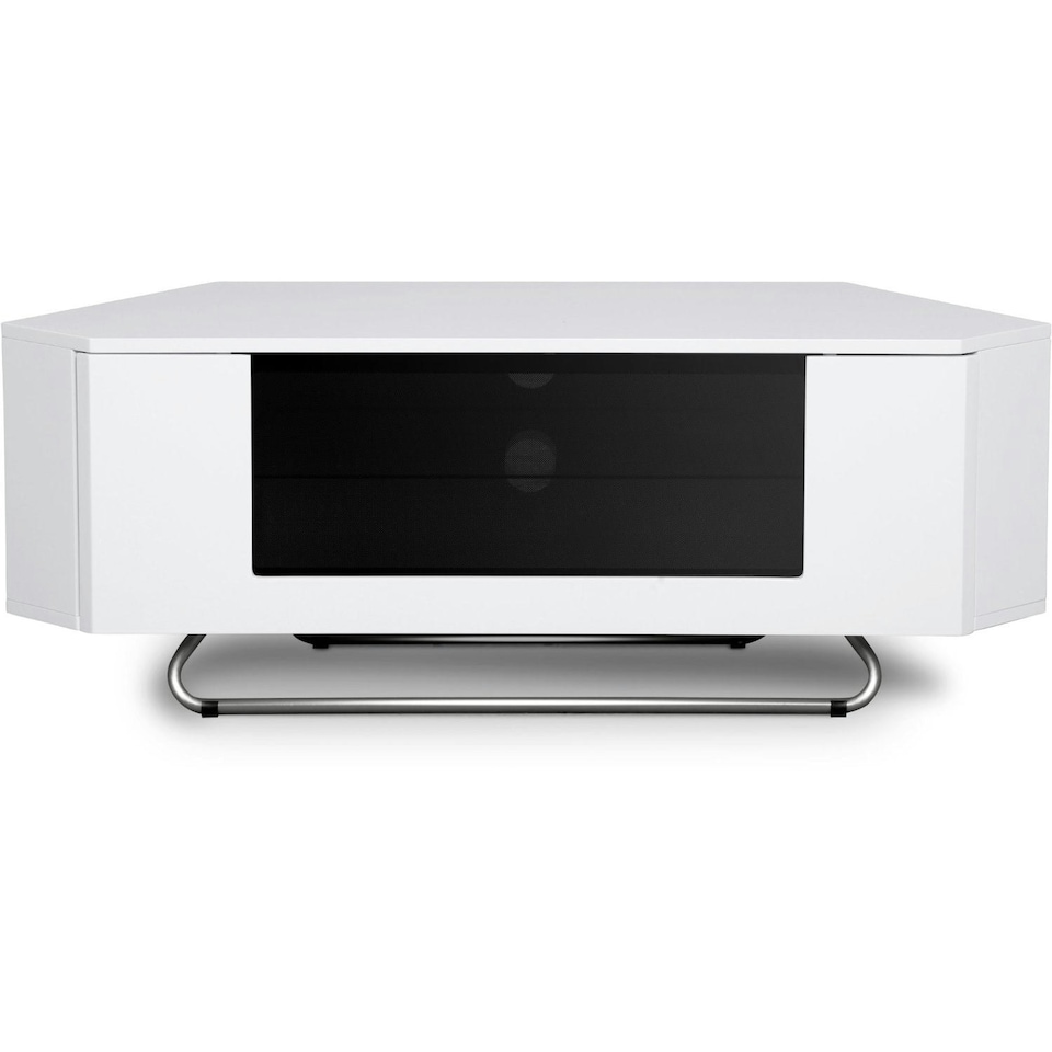 image 1 of Centurion Supports Hampshire Corner-Friendly Gloss White with Black Contrast Beam-Thru Remote Friendly Door 26"-50" Flat Screen TV Cabinet White