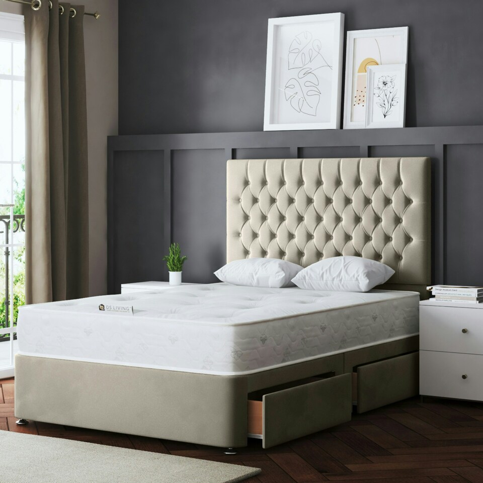 image 1 of Seraphine Divan Bed with Upholstered Headboard - Two Drawers - Beige - King