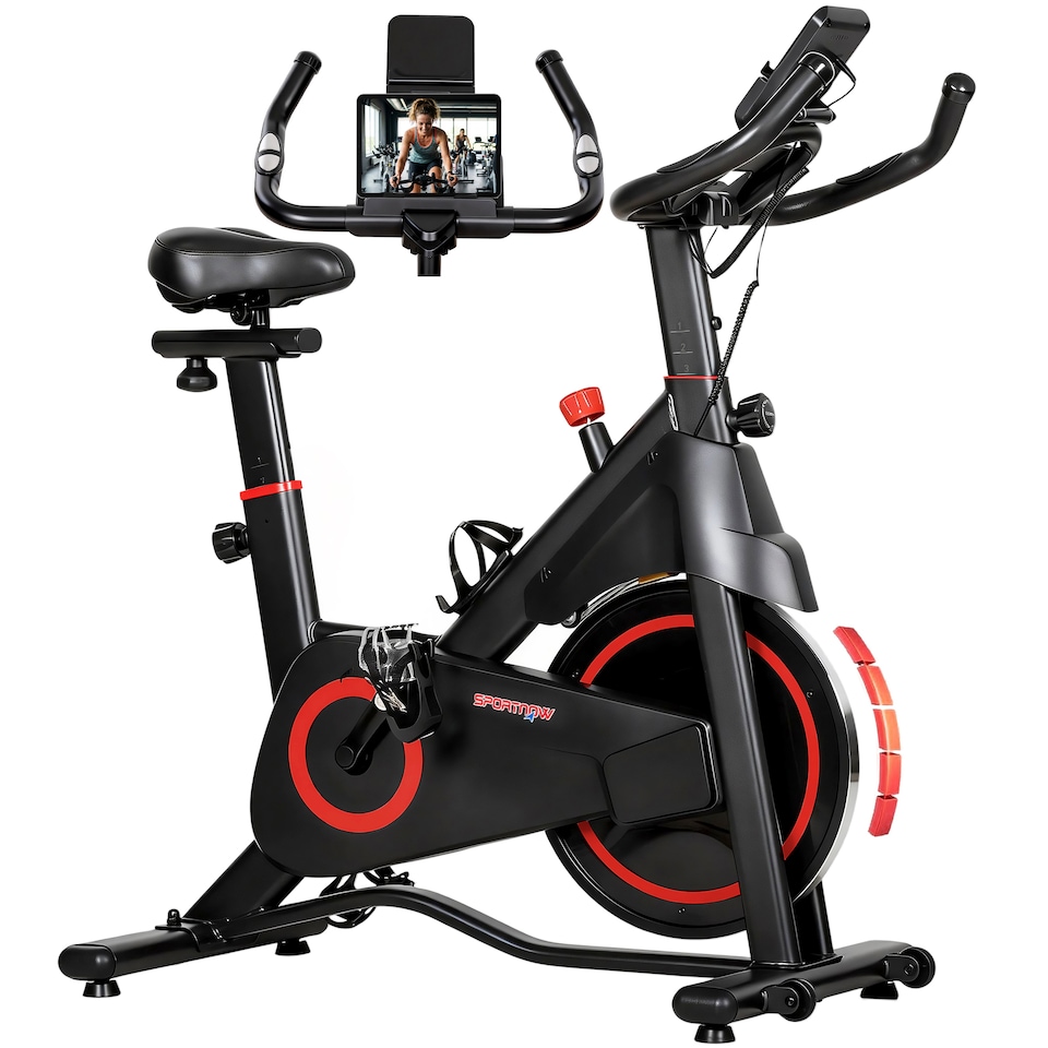 image 1 of SPORTNOW Exercise Bike, Stationary Bike with Adjustable Magnetic Resistance | Red | Red and Black | 108L x 51W x 104-116H cm