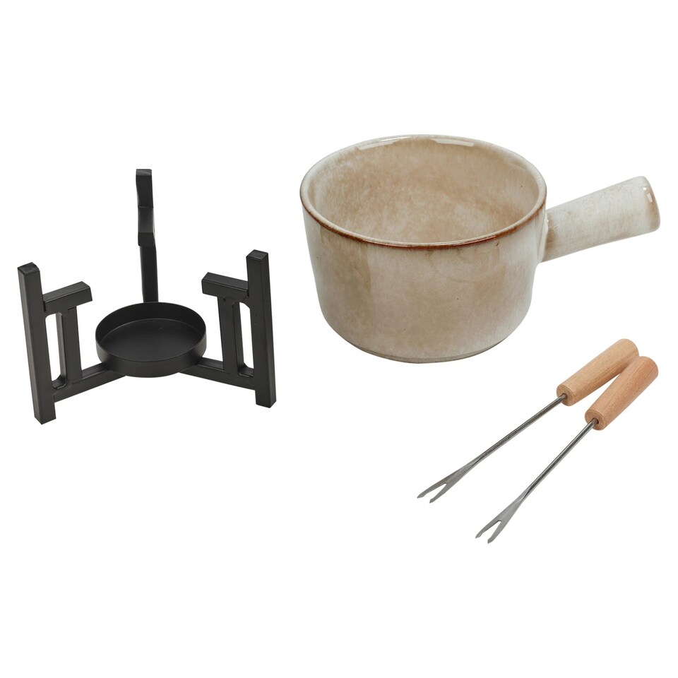 image 1 of Ceramic Chocolate Cheese Fondue Set Melting Pot with 2 Fruit Forks in Gift Box