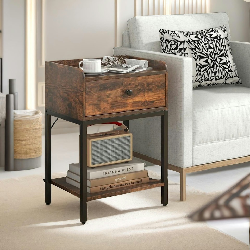 image 1 of Bedside Nightstand Table With Drawer Rustic Brown Brown