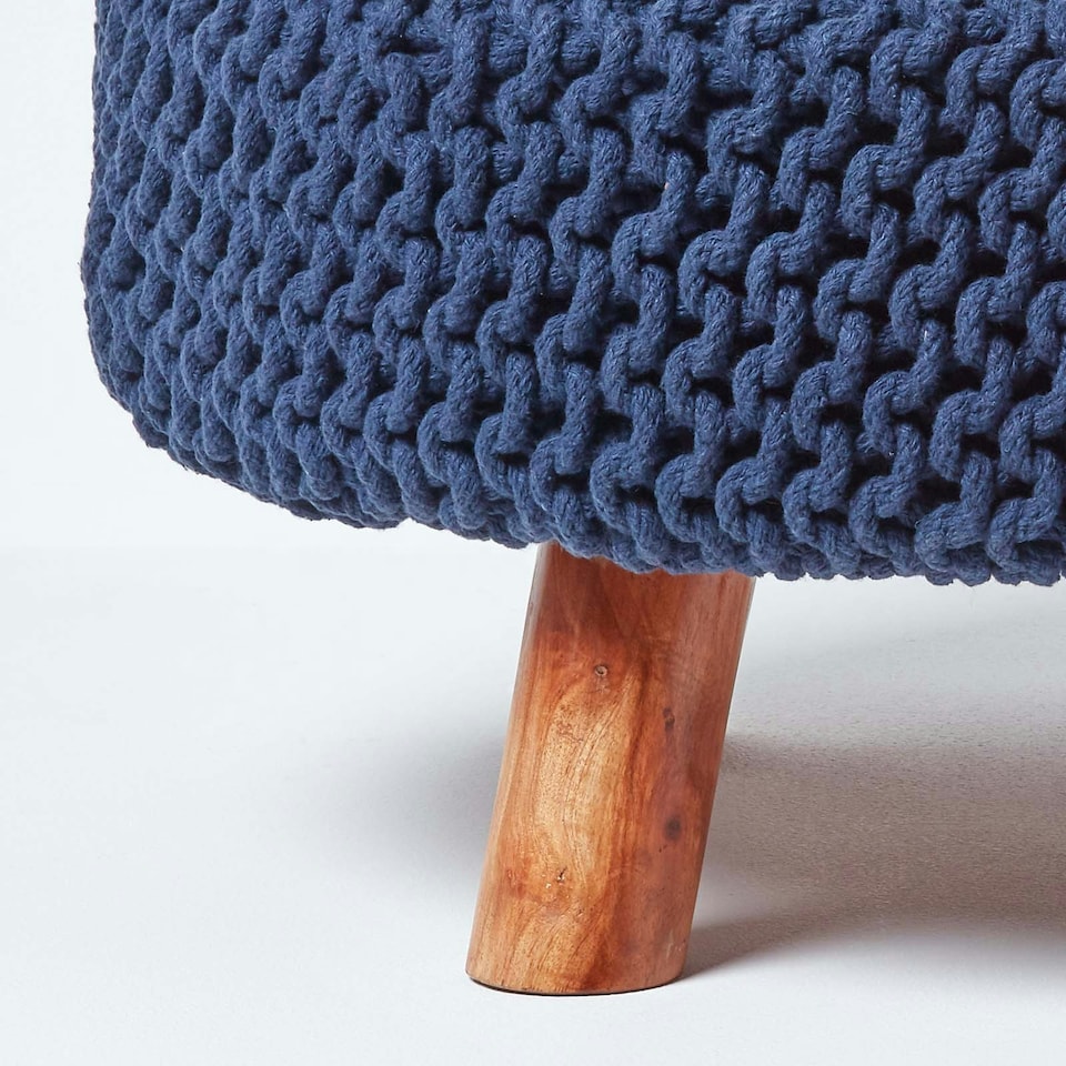 image 1 of Homescapes Navy Blue Large Round Cotton Knitted Footstool on Legs