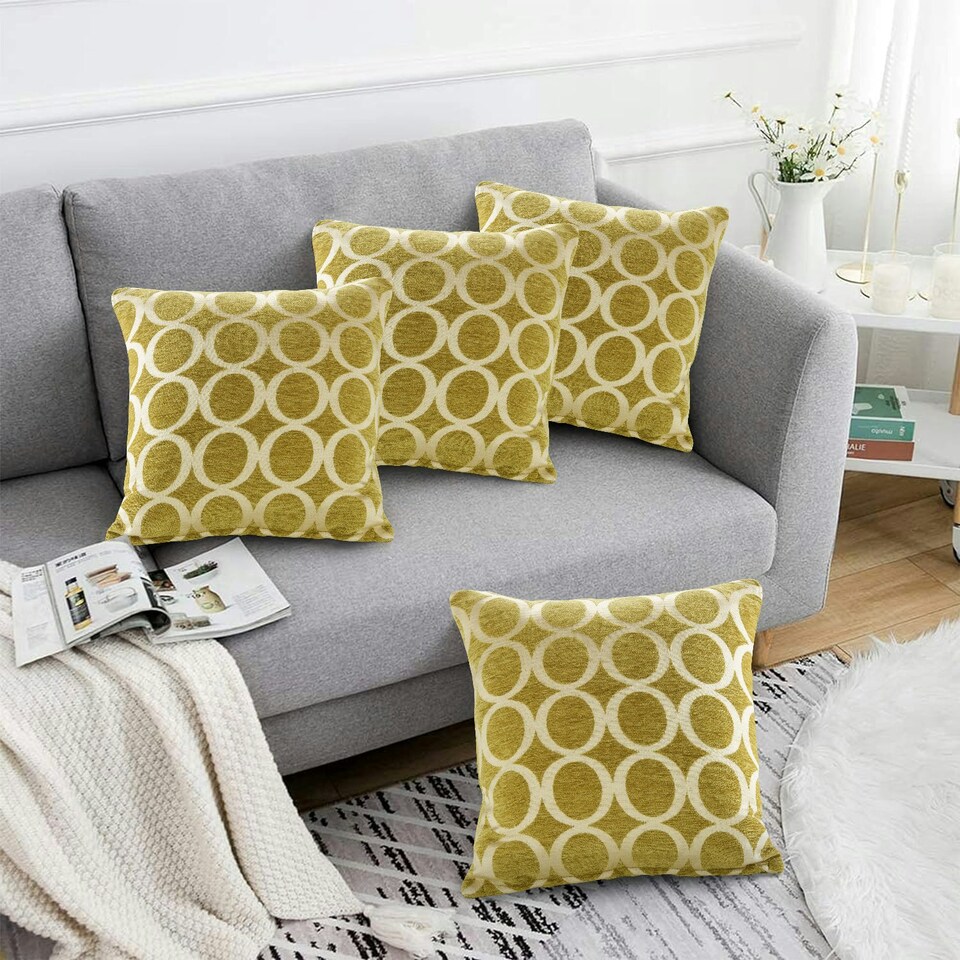 image 1 of Geometric O Chenille 45cm x 45cm Lime Cushion Set of 4 | Green | Cream | 45cm x 45cm x 10cm | 4