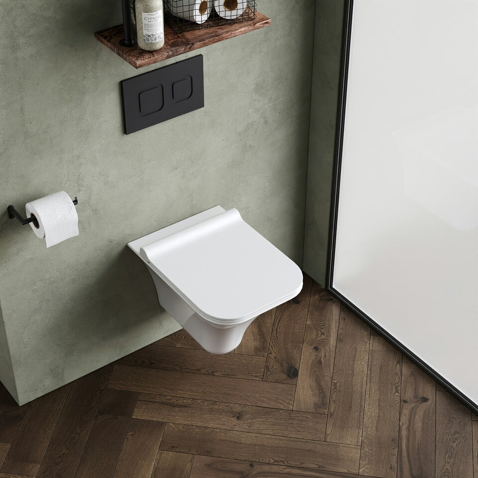image 1 of Rimless Wall Hung Ceramic Toilet Pan & Soft Close Seat, 355mm