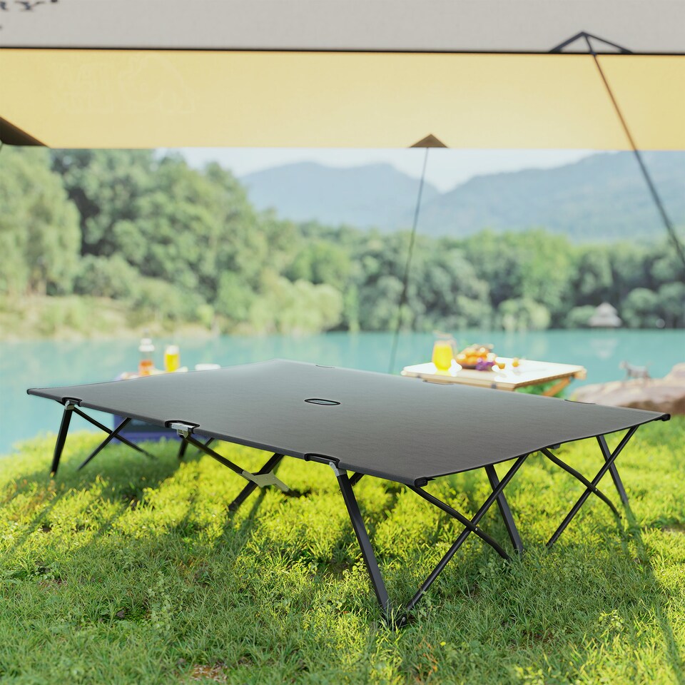 image 1 of Outsunny Double Camping Folding Cot Portable Sleeping Bed, Charcoal Grey