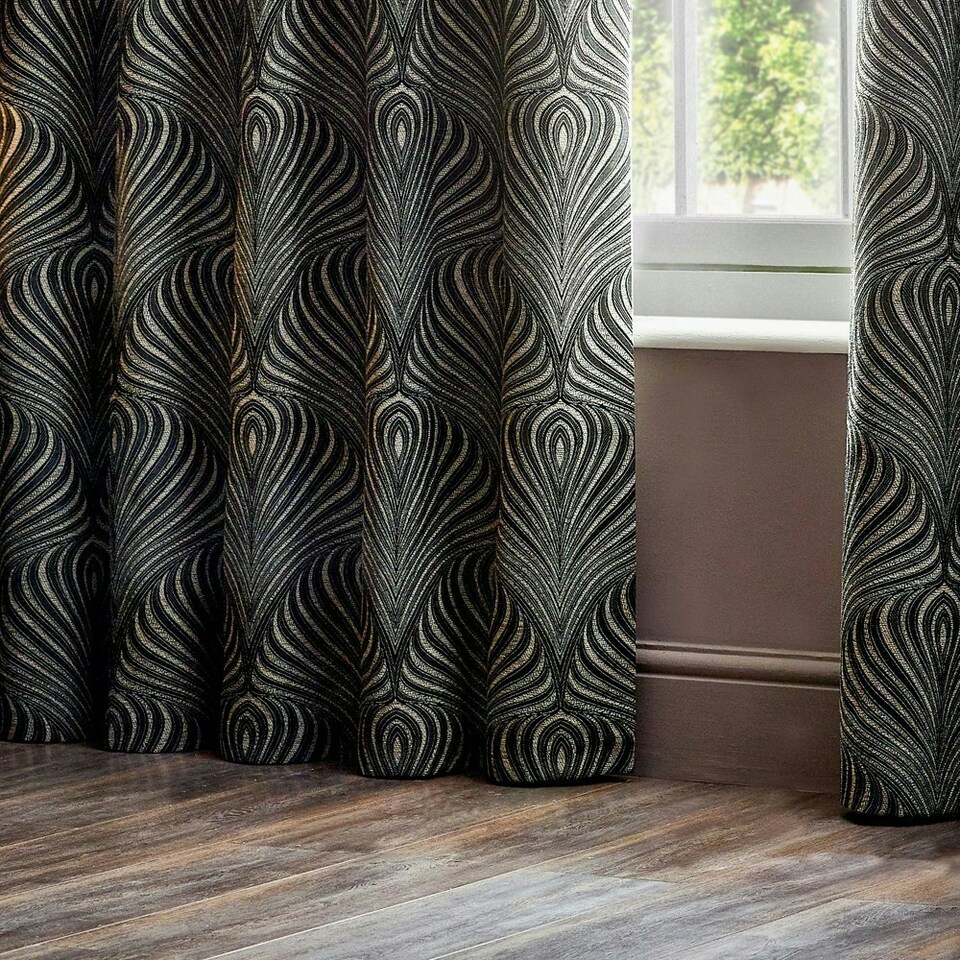 image 1 of Paoletti Gatsby Jacquard Black Eyelet Curtains 117 x 183cm