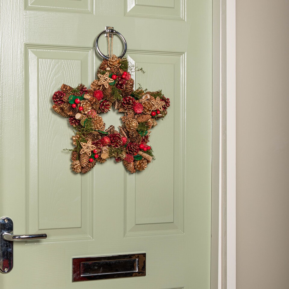 image 1 of 35cm Red Hanging Star Christmas Wreath with Red Berries and Pinecones