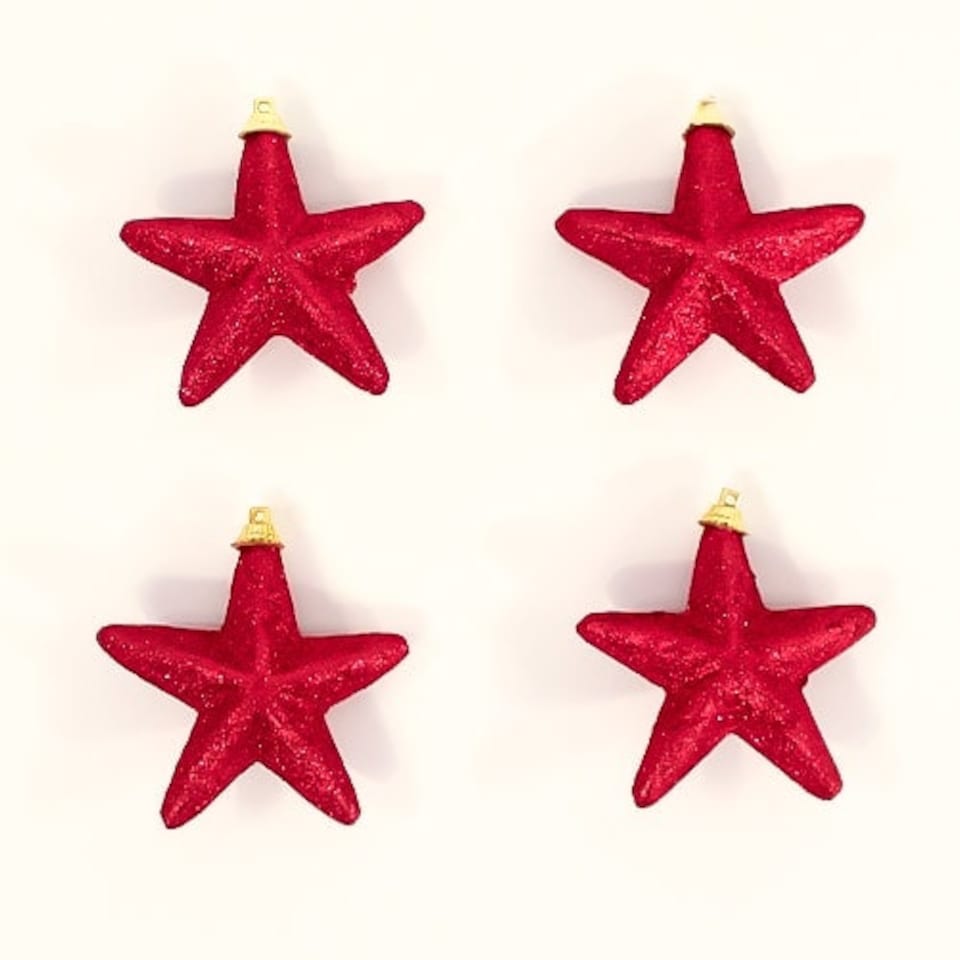Red Glittered Star Christmas Tree Decorations 8cm - Pack of 4