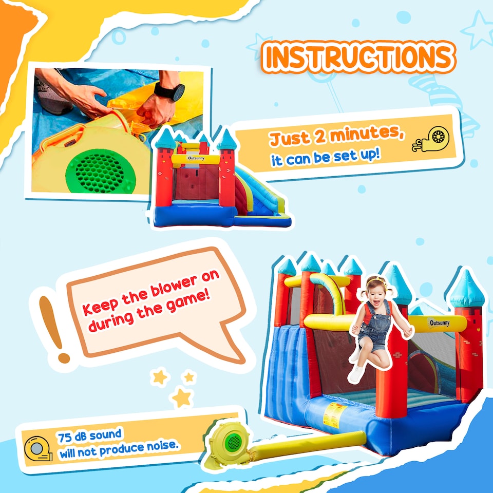 image 1 of Outsunny Kids Bouncy Castle w Slide, Pool, Trampoline, Climbing Wall, Blower