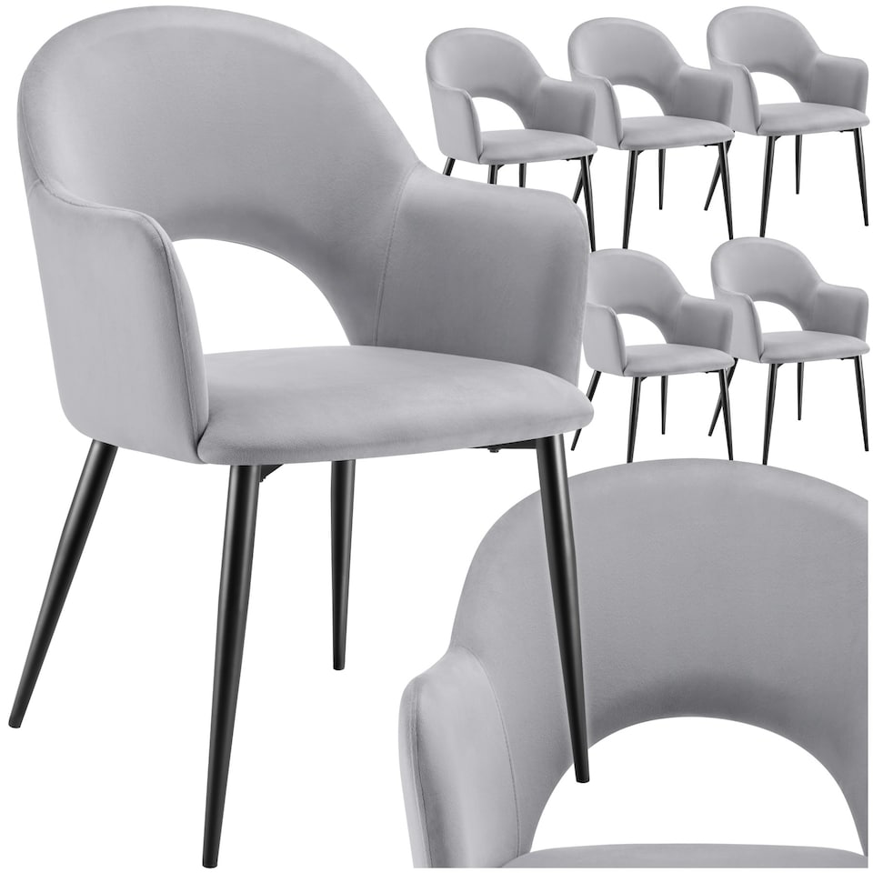 image 1 of Dining Chair Sasha- padded armchair in velvet look, continuous backrest - Set of 6 Grey | Light Grey