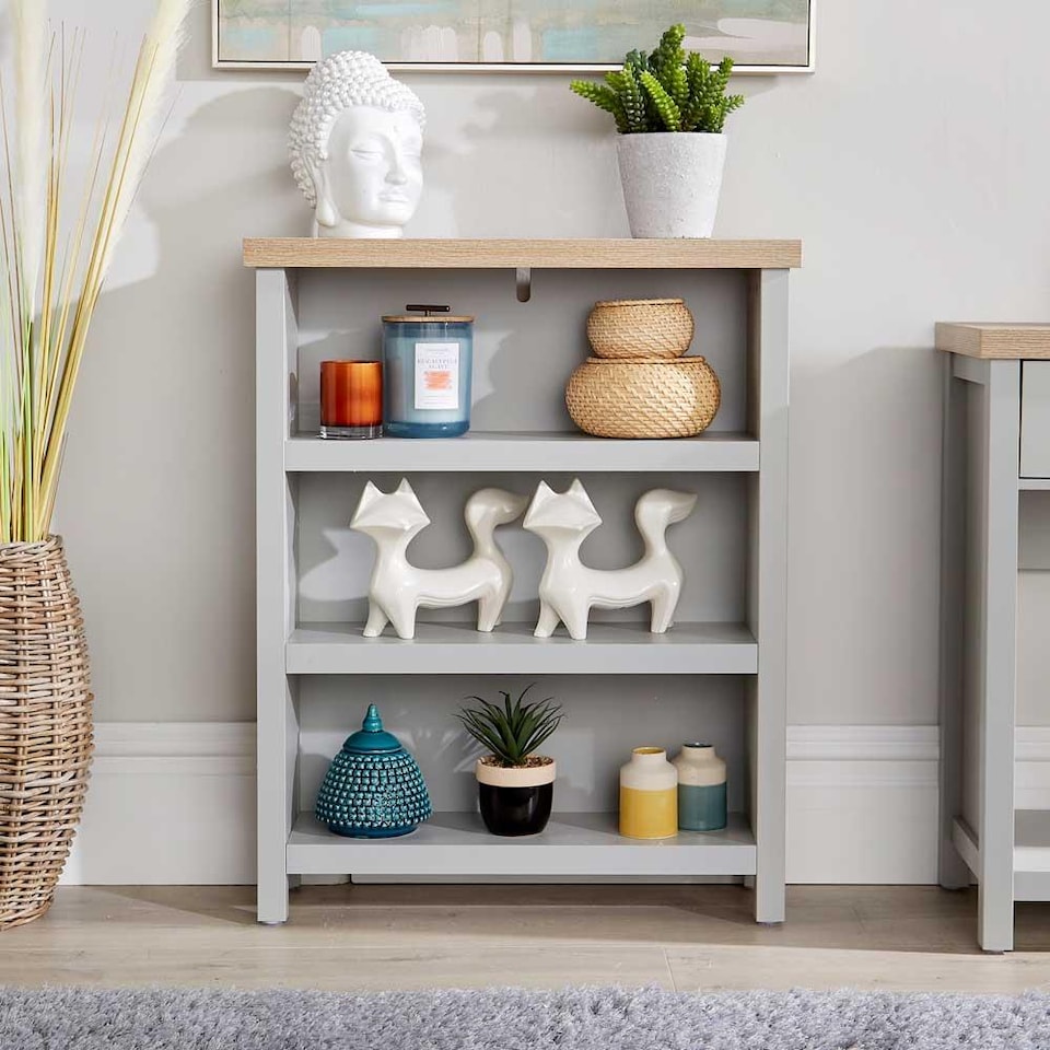image 1 of Grey Oak Low Bookcase Display Unit 3 Bookshelves DVD Storage Two Tone