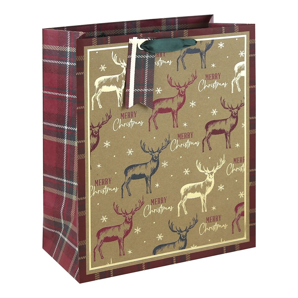 image 1 of Woodland Stag Tartan Christmas Large Kraft Gift Bag 33cm