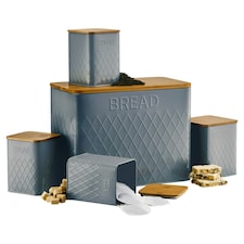 Cooks Professional 5-Piece Square Kitchen Storage Set with Bamboo Lids | Bread Biscuit Tea Coffee Sugar Cannisters | Dark Grey