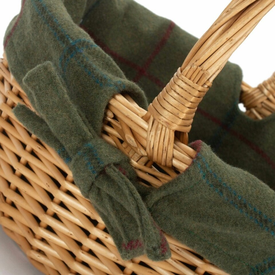 image 1 of Cotton Lined Full Buff Willow Child’s Shopping Basket Green | Green Tartan | One Size