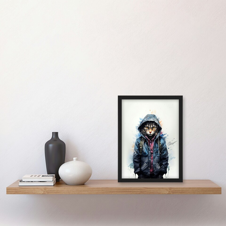 image 1 of Street Cat Watercolour Pet Portrait Boys Bedroom Black Framed Wall Art Print A4