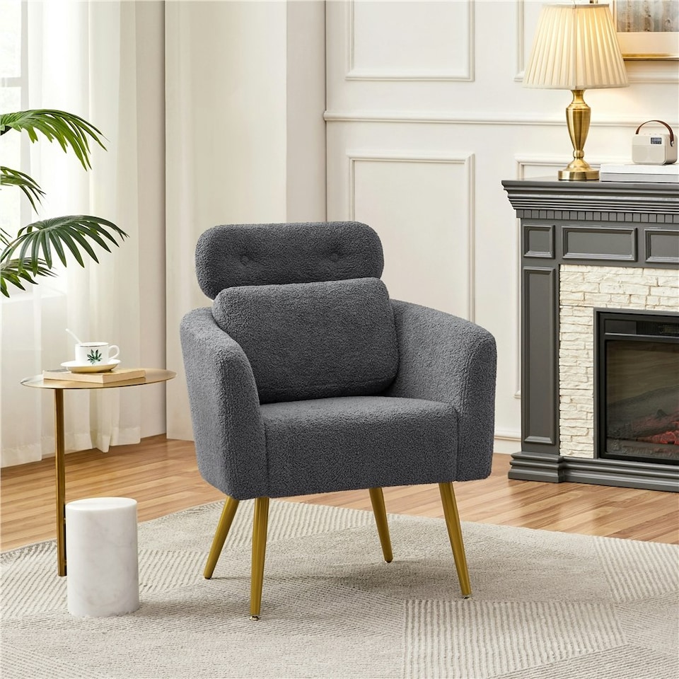 image 1 of Yaheetech Boucle Barrel Accent Chair with Adjustable Headrest and Lumbar Pillow Grey | Dark Gray