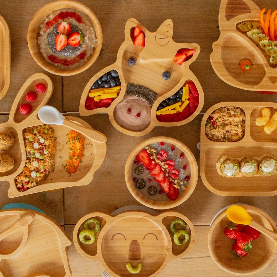 image 1 of Tiny Dining Bamboo Suction Plate - Dinosaur/Yellow - Divided Non-Slip Bamboo Self-Feeding Baby Weaning Plate | Yellow | Yellow