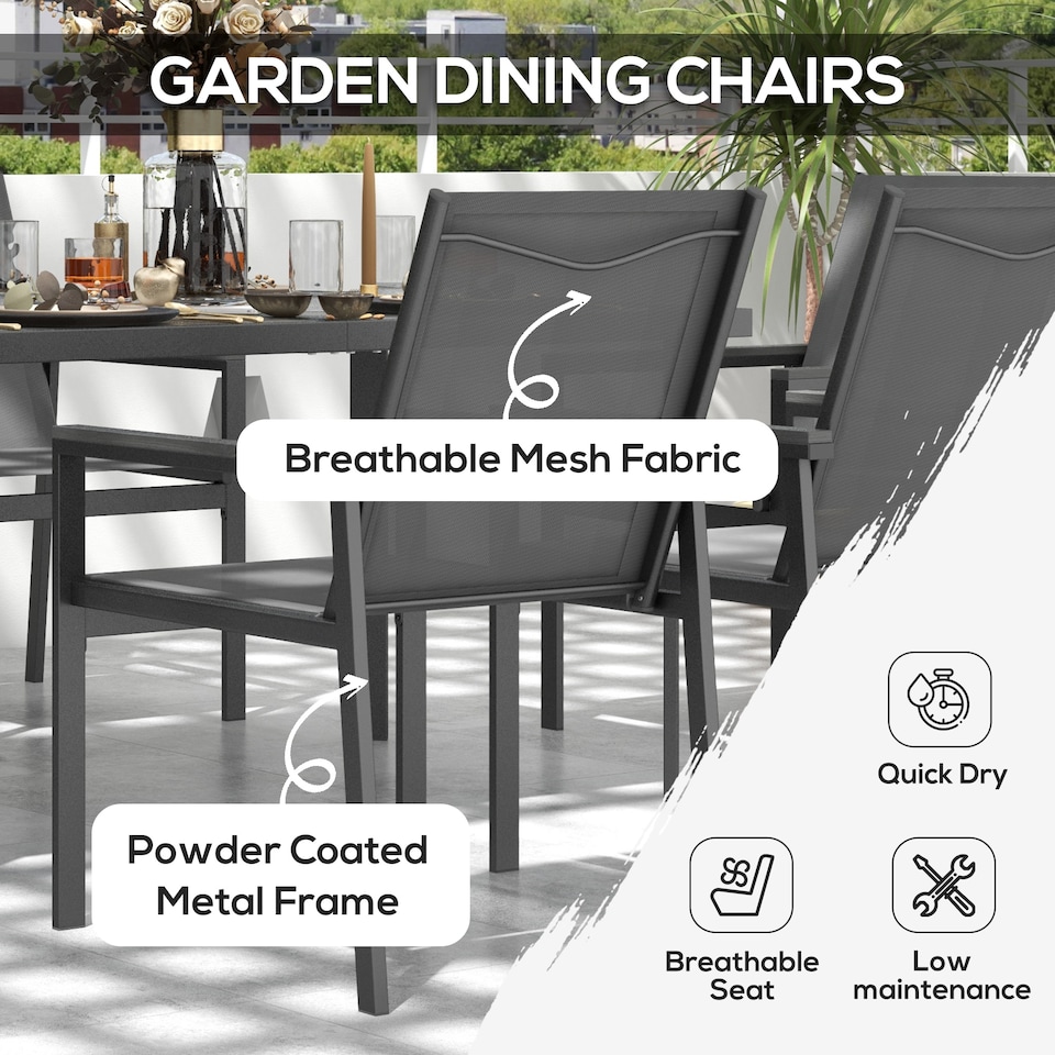 image 1 of Outsunny 7 Pieces Garden Dining Set with Glass Top Dining Table, Outdoor Patio Table and 6 Armchairs with Texteline Fabric Seats and Backrest, Wood-plastic Composite Armrests Top, Grey