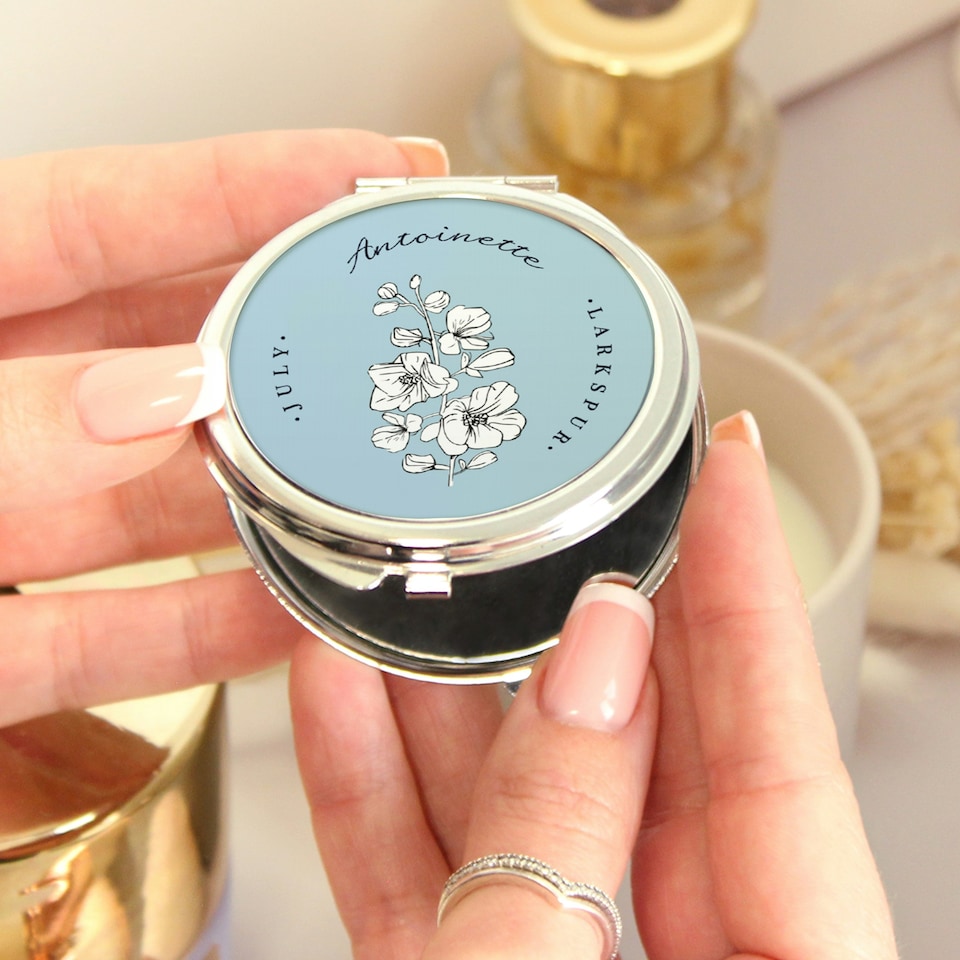 image 1 of Personalised Birth Flower Round Compact Mirror Silver