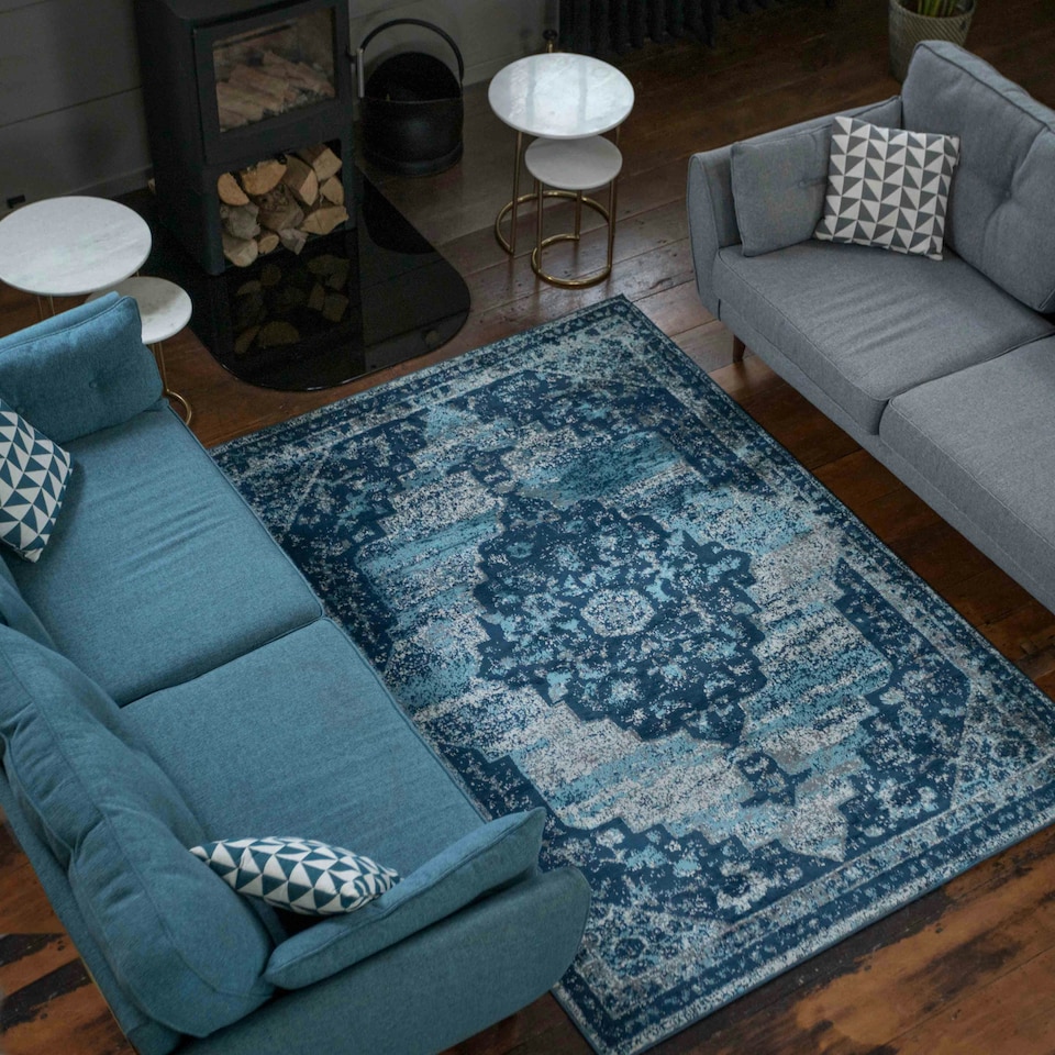 image 1 of KUKOON Navy Blue Traditional Medallion Bordered Living Area Rug 80cm x 150cm | Blue