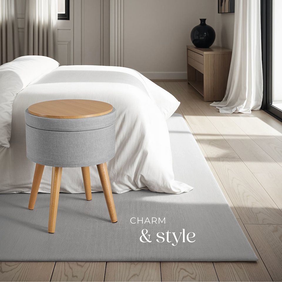image 1 of Stool Yara - round, padded, with storage space, linen look | Grey | light grey | 42,50 x 42,50 x 45,50 cm | 1